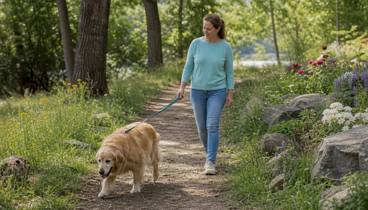 Una mujer pasea tranquilamente a su golden retriever por el parque, disfrutando de la dulzura del momento.