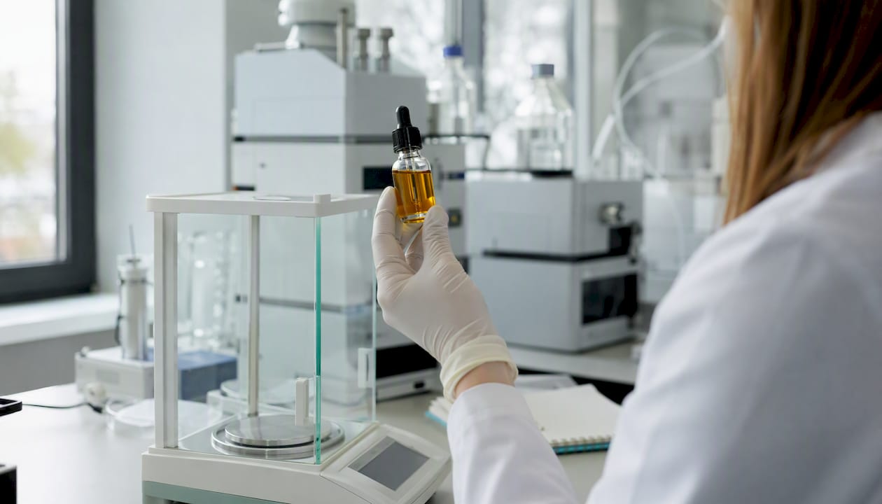 CBD et alcool : effets, risques et précautions à connaître - Pure Extract CBD Una mano guantata mostra un flacone di olio di CBD in un laboratorio.