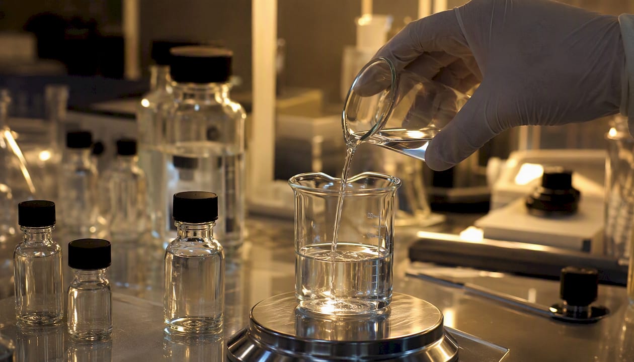 Amanita muscaria : effets, risques et conduite à tenir - Pure Extract CBD Laboratoriumglas met een oplossing van muscimol