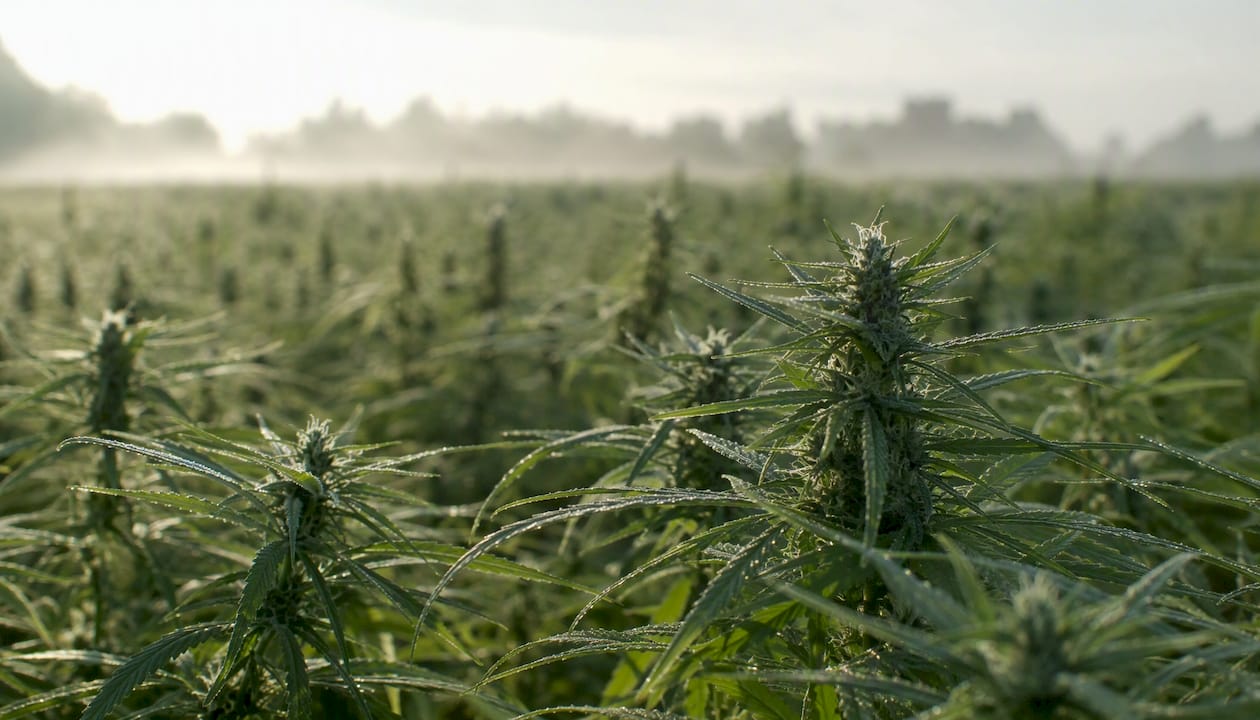CBD shop meilleur : la sélection fiable pour acheter en ligne - Pure Extract CBD Bei Sonnenaufgang: Nahaufnahme von Hanfpflanzen, die auf den Feldern im Licht baden.