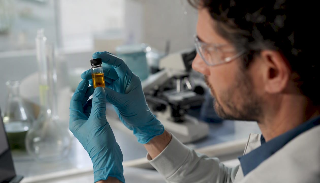 THCP vs HHC : quelle différence pour votre usage ? - Pure Extract CBD Handen met handschoenen aan houden een flesje vast dat een cannabinoïde-extract bevat.