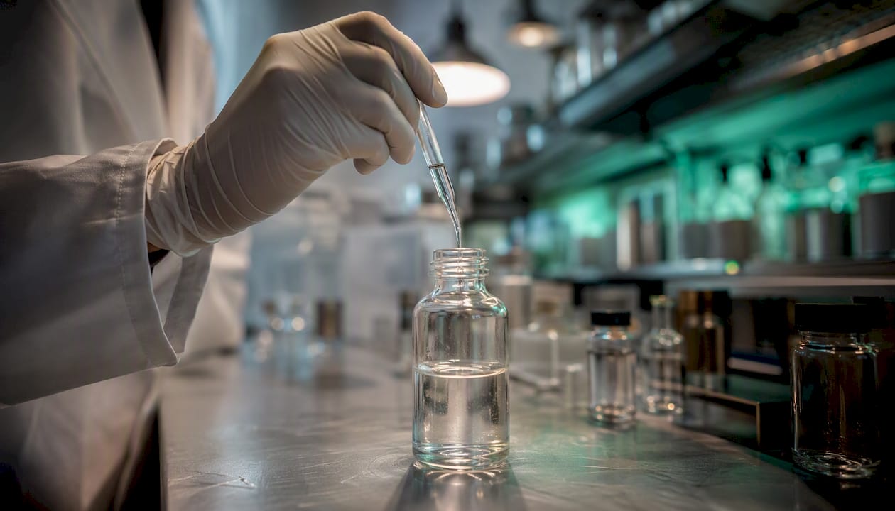 THCP vs HHC : quelle différence pour votre usage ? - Pure Extract CBD Close-up van het gieten van een vloeistof tijdens een proef in een scheikundelaboratorium.