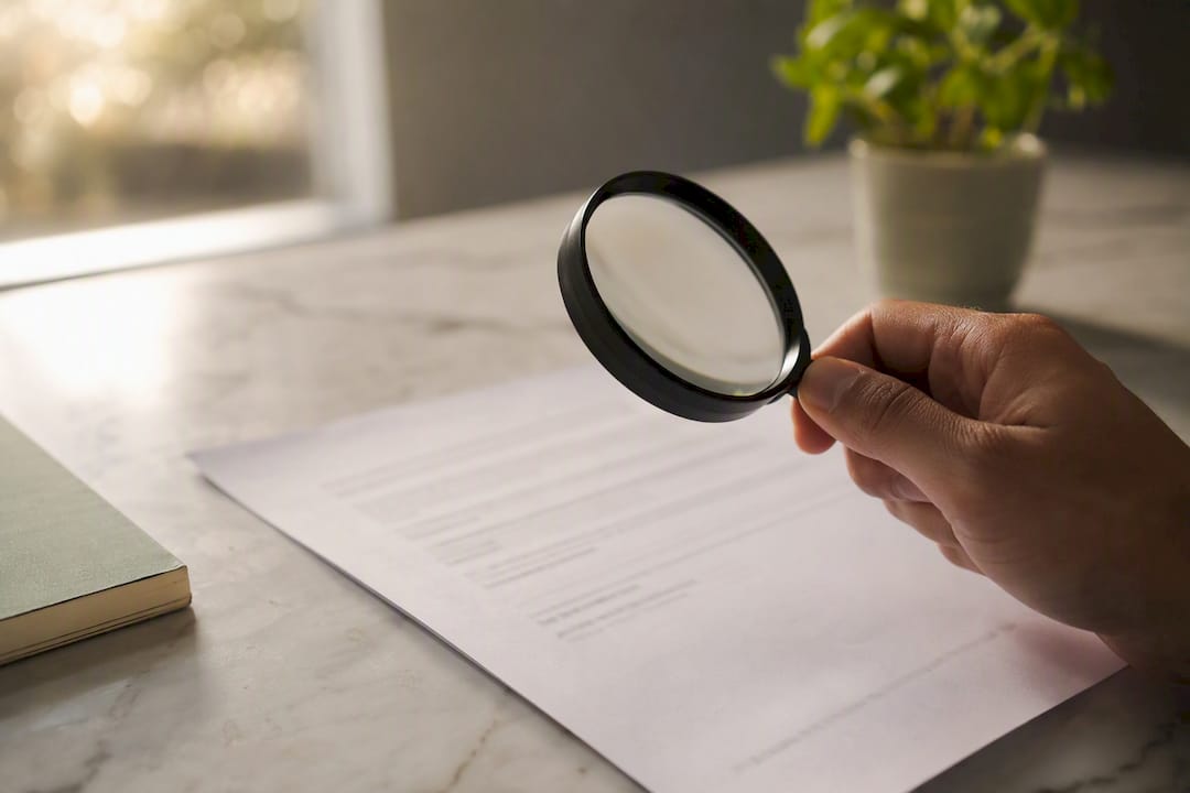 Een hand bekijkt aandachtig een analysecertificaat met behulp van een loep.