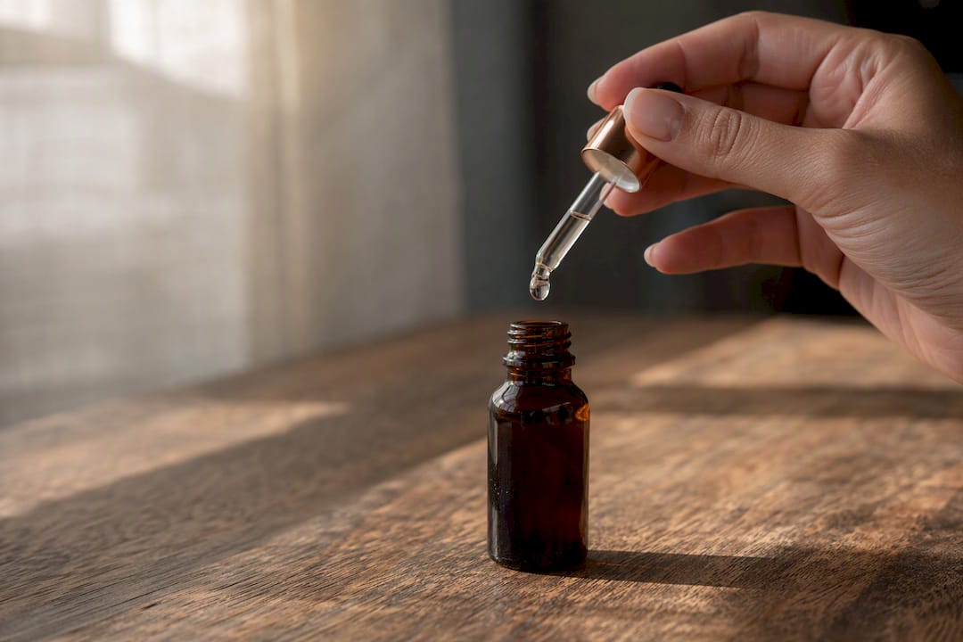 Eine Hand entnimmt mit einer Pipette einige Tropfen CBD-Öl.