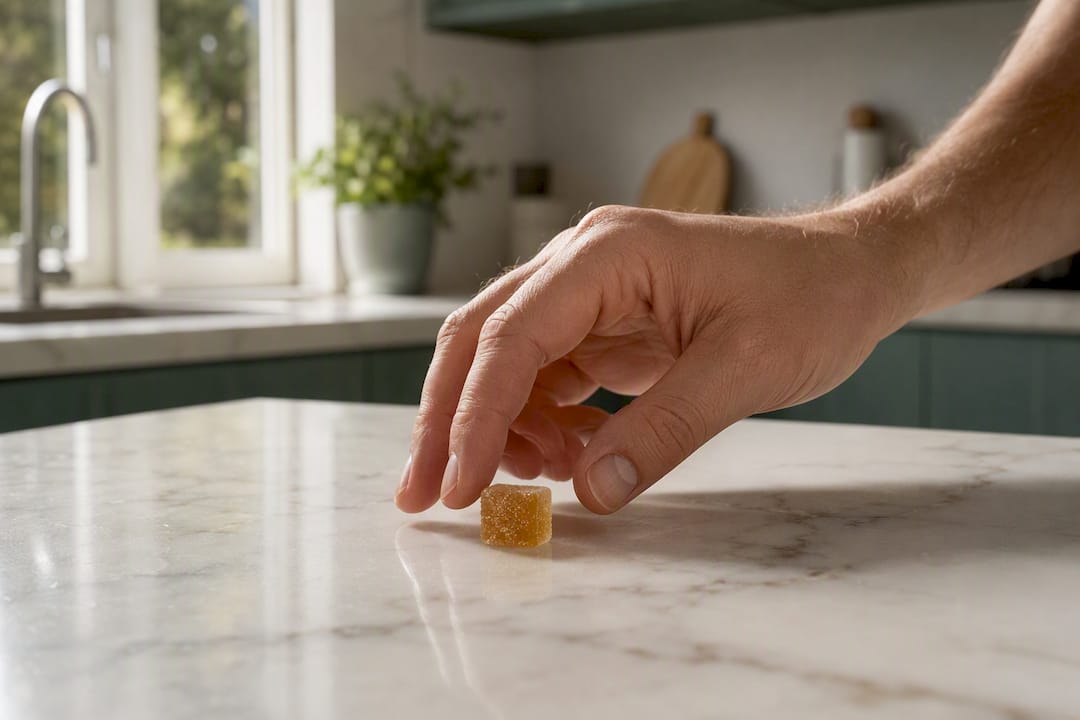 Hand, die ein essbares Cannabisprodukt auf eine Holzfläche legt