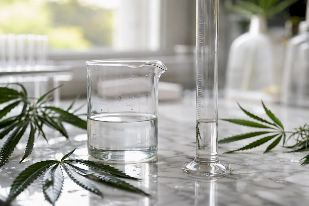 CBD et test salivaire : quand la consommation devient-elle un risque ? - Pure Extract CBD Verrerie de laboratoire avec des feuilles de chanvre sur un plan de travail blanc