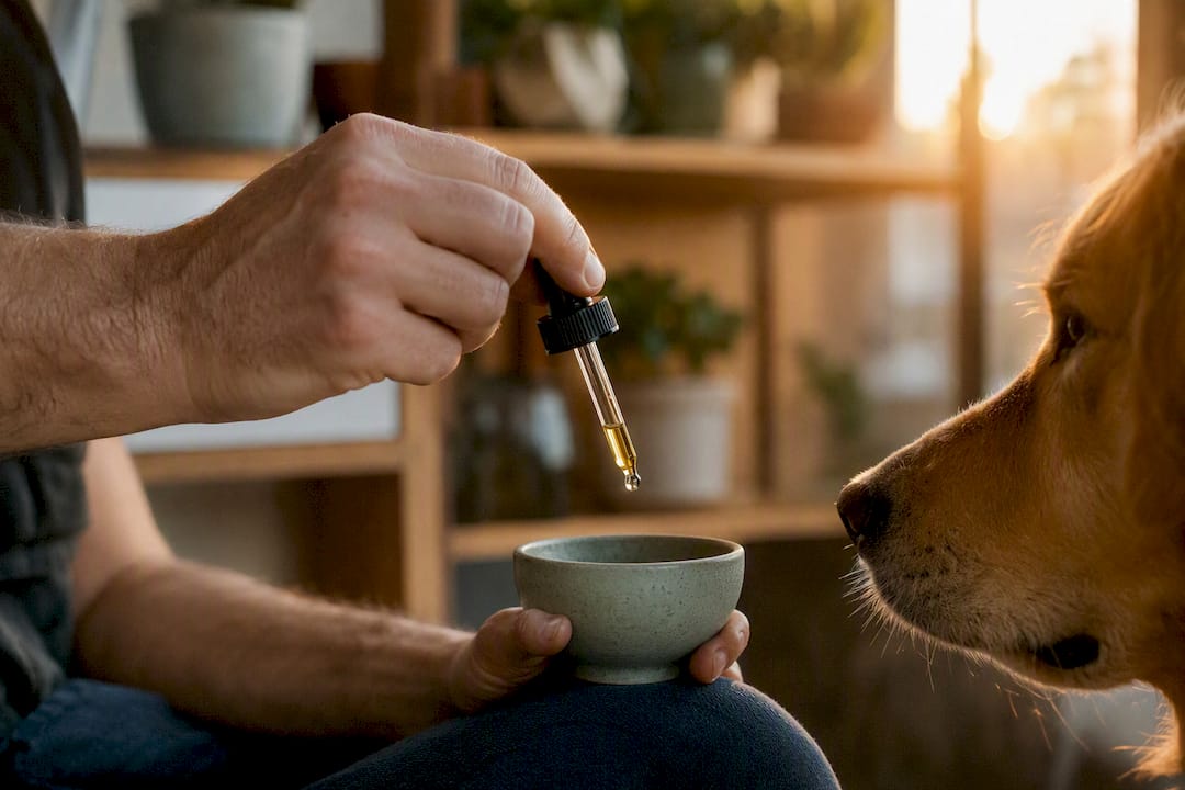 CBD chien dosage : combien de mg par kg et par jour donner ? - Pure Extract CBD Main ajustant la dose de CBD pour un chien avec un compte-gouttes
