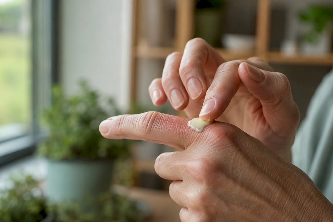 Application de baume au CBD sur l’articulation d’un doigt