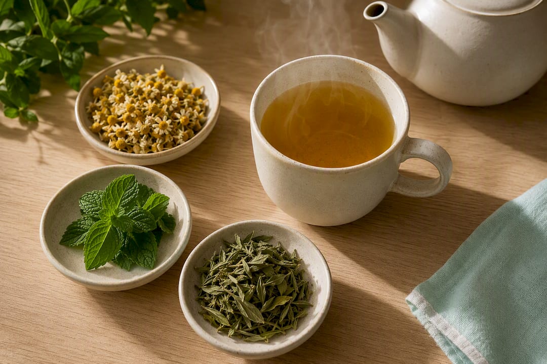 Manzanilla, menta y verbena en una infusión