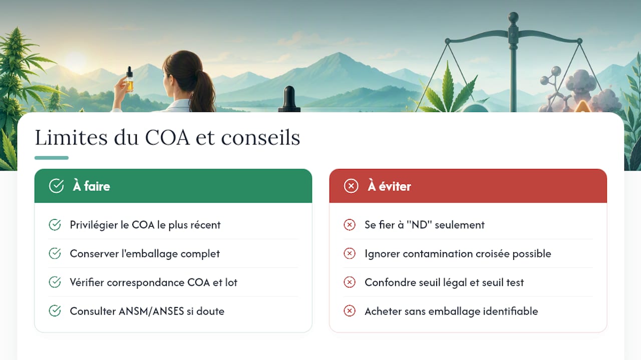 THC-gehalte en risico op een positieve test: wat het COA niet kan garanderen — overzichtsschema