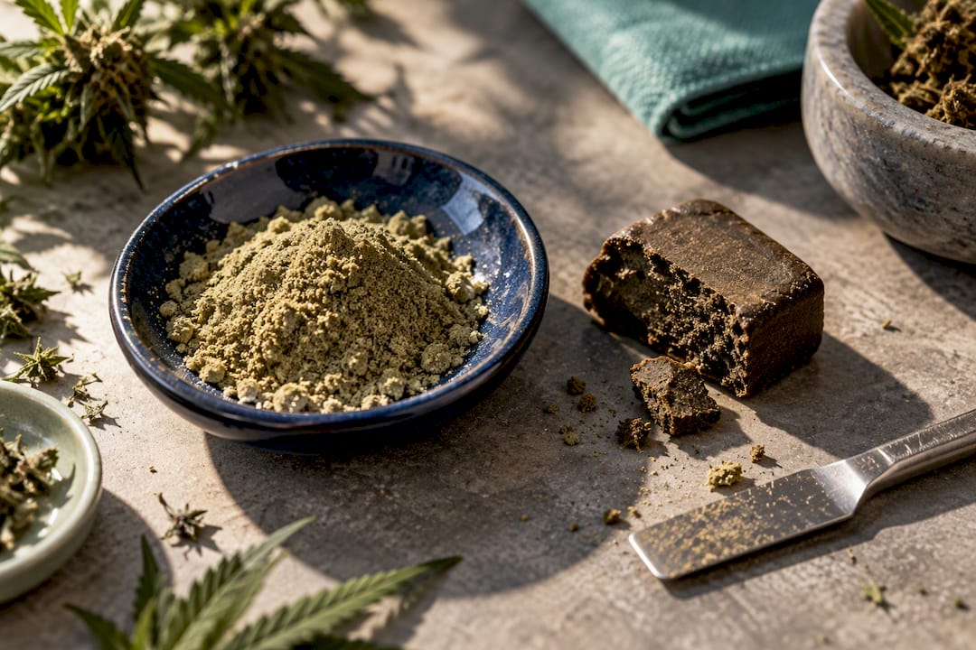 CBD-Pollen und Haschisch in verschiedenen Texturen