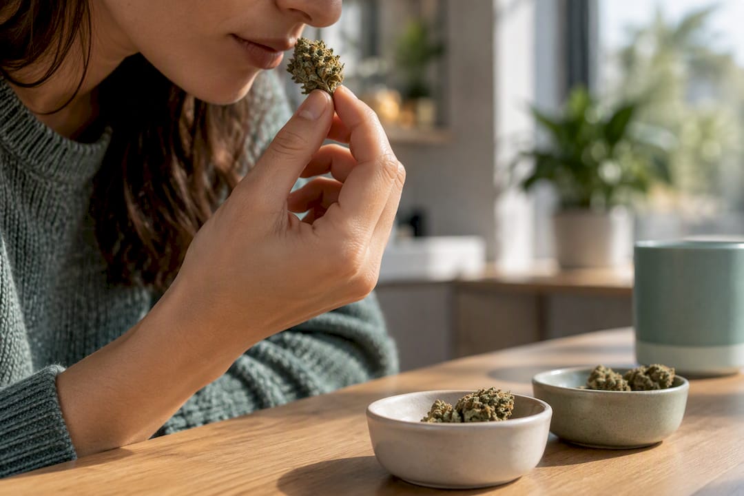 Iemand die de geur van een CBD-bloem ruikt